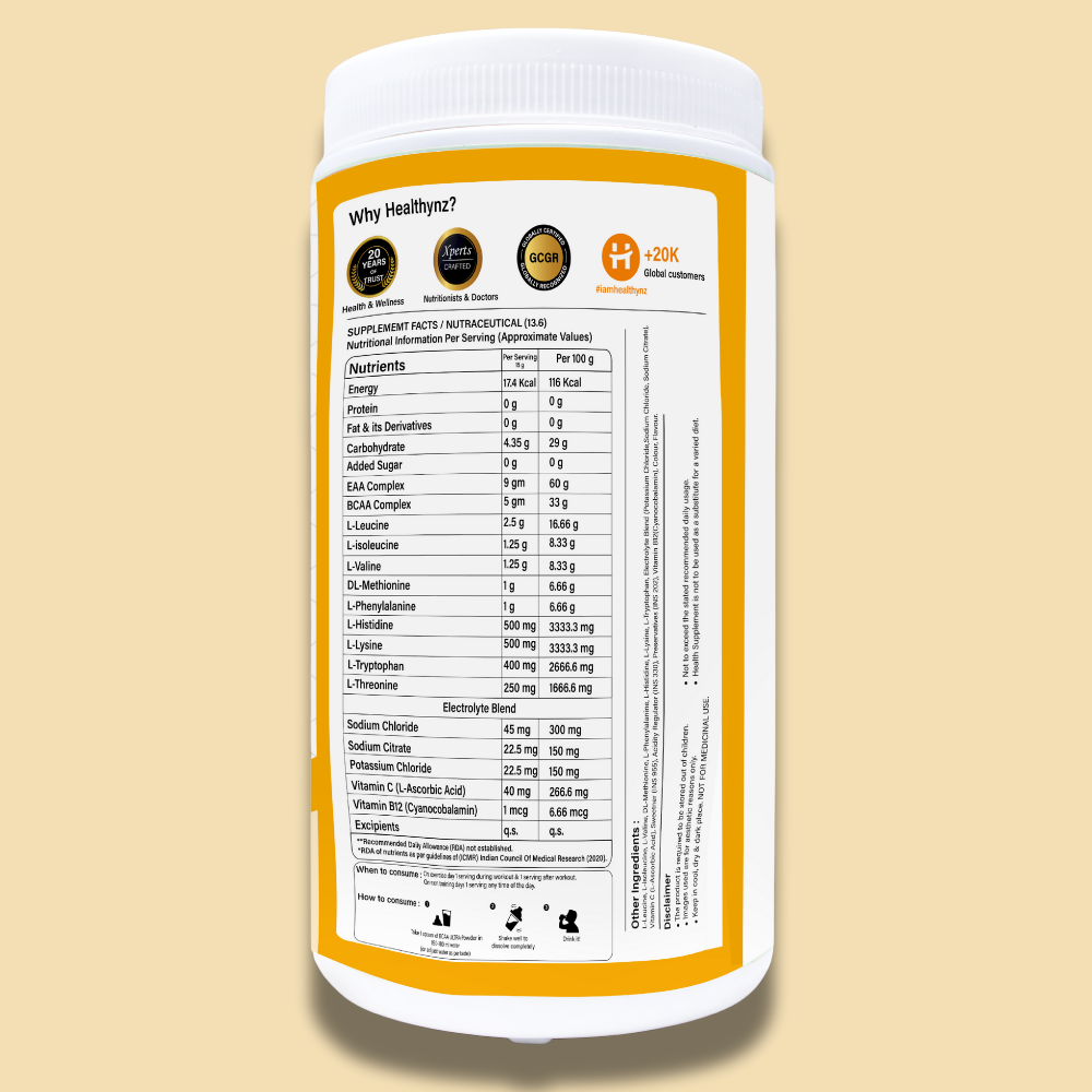 Healthynz BCAA Ultra Nutrition facts Orange flavour